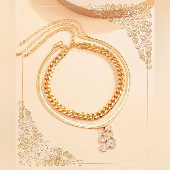 3PC Layered Letter B Rhinestone Gold Chainlink Snake Necklace Bundle Set - Picture 6 of 7
